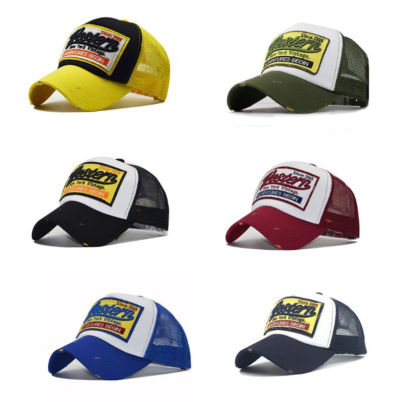 Wili Unisex Vintage Western Letters Embroidered Logo Patch Baseball Cap Breathable Mesh Back Casual Distressed Snapback Trucker Hat