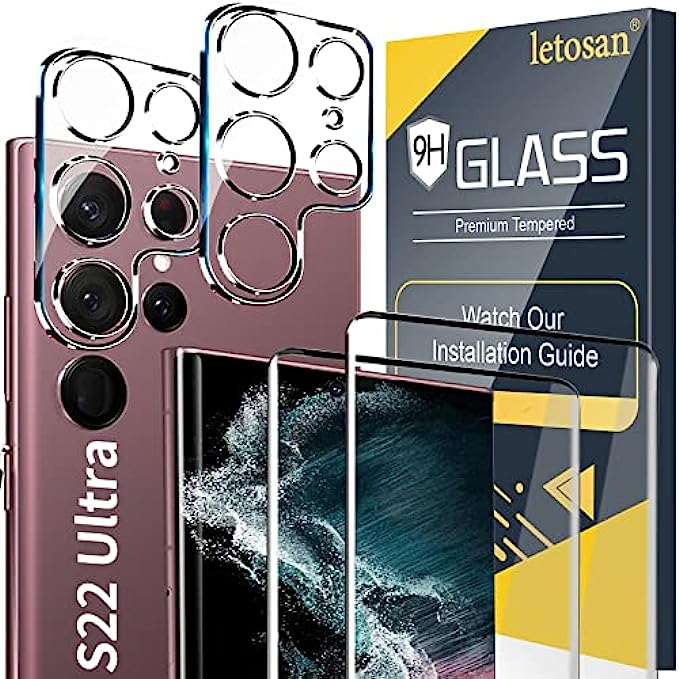 [2+2 Pack] Galaxy S22 Ultra Screen Protector, 9H Tempered Glass, Ultrasonic Fingerprint Support, 3D Curved, HD Clear Scratch Resistant for Samsung Galaxy S22 Ultra 5G Glass Screen Protector