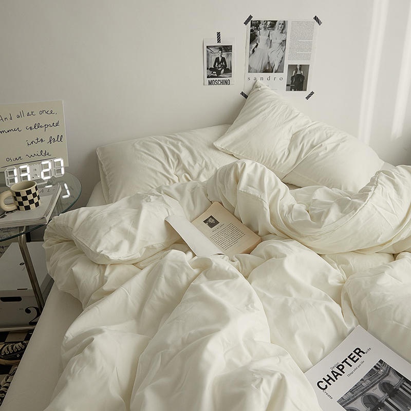4 IN 1 Bed Sheet Set Queen King Size  Milky White Color Bed Sheet Set Plain Dyed Bedding Set Single/Queen/King Size Quilt Cover Fitted Sheet/Fitted Sheet Pillowcase
